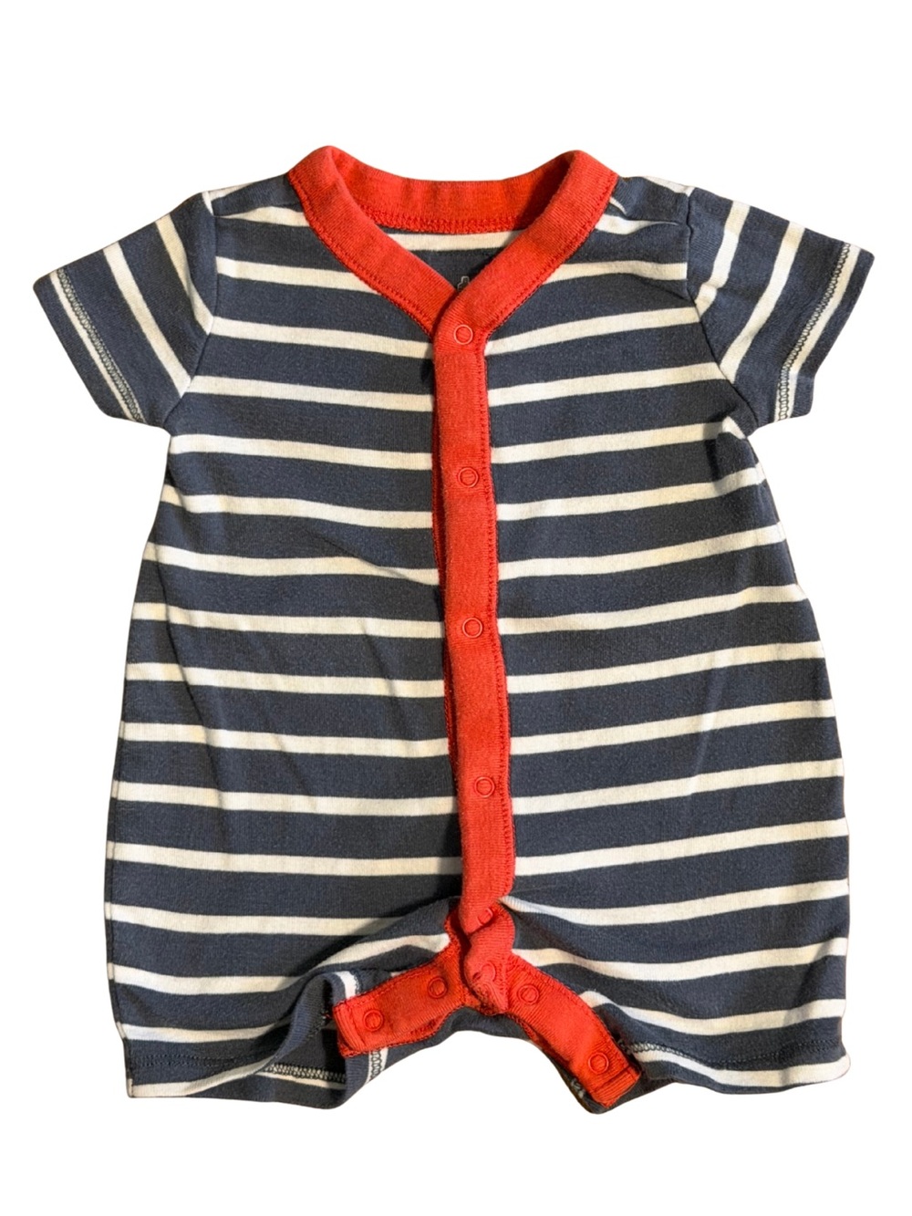 GAP Navy & White Striped Short-Sleeve Romper with Red Trim